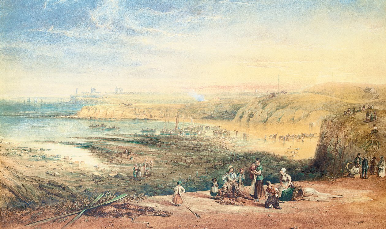 Cullercoats verso Tynemouth, Northumberland, con pescatori in primo piano, 1836 da John Wilson Carmichael