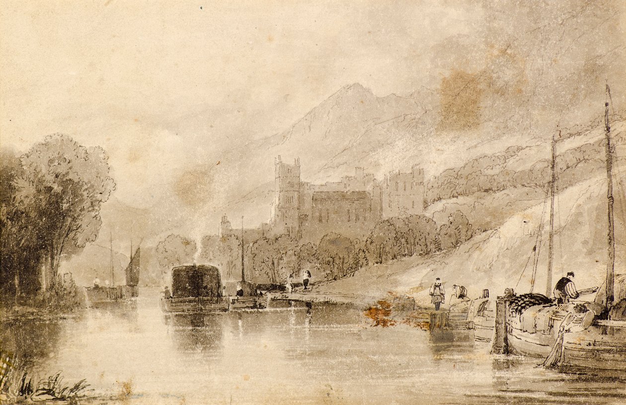 Scena fluviale con chiatte e castello in rovina da John Wilson Ewbank