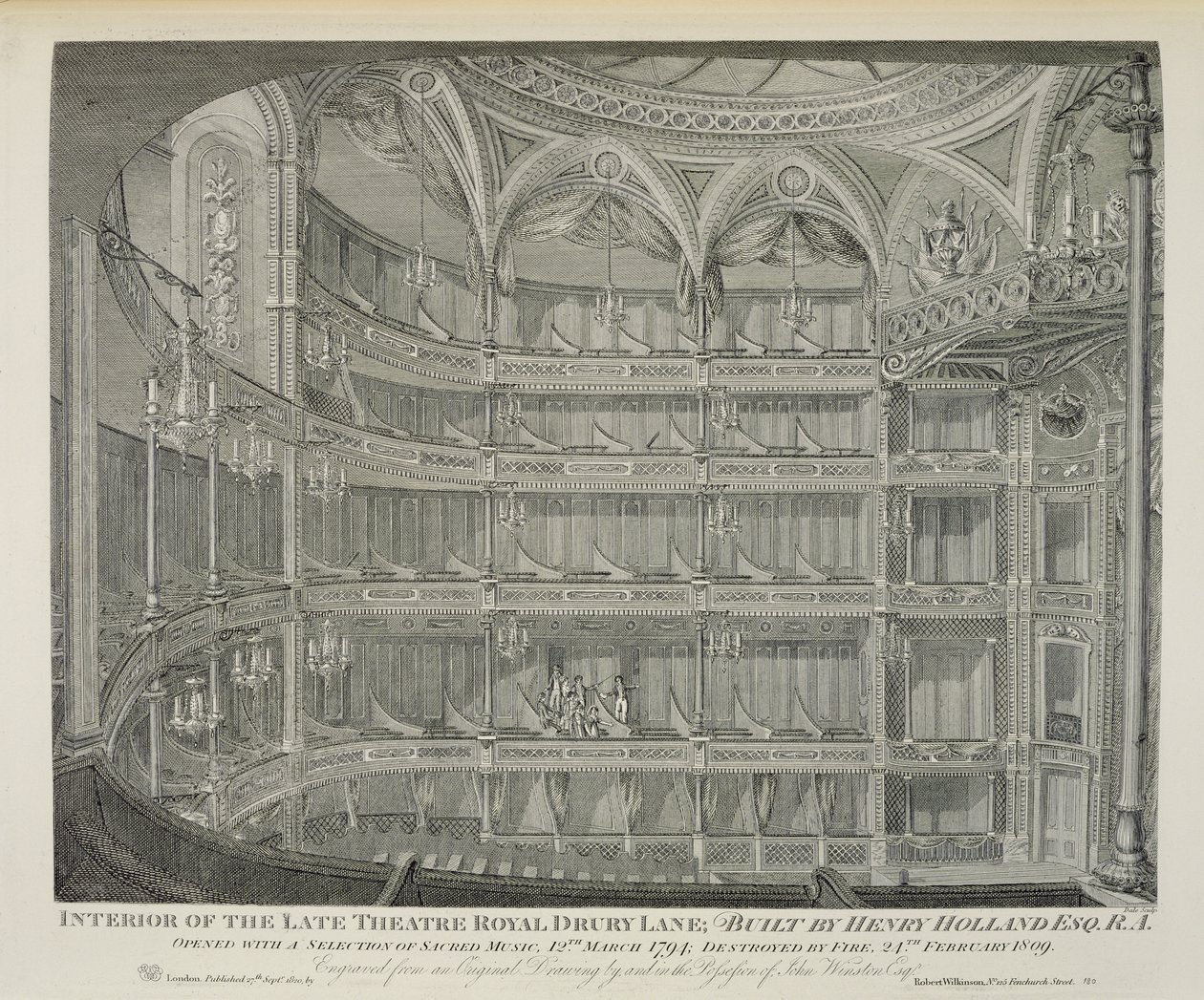 Interno del defunto Teatro Reale, Drury Lane, a Londra, costruito da Henry Holland, 1794, distrutto dal fuoco nel 1809, inciso da Dale, 1820 da John Winston