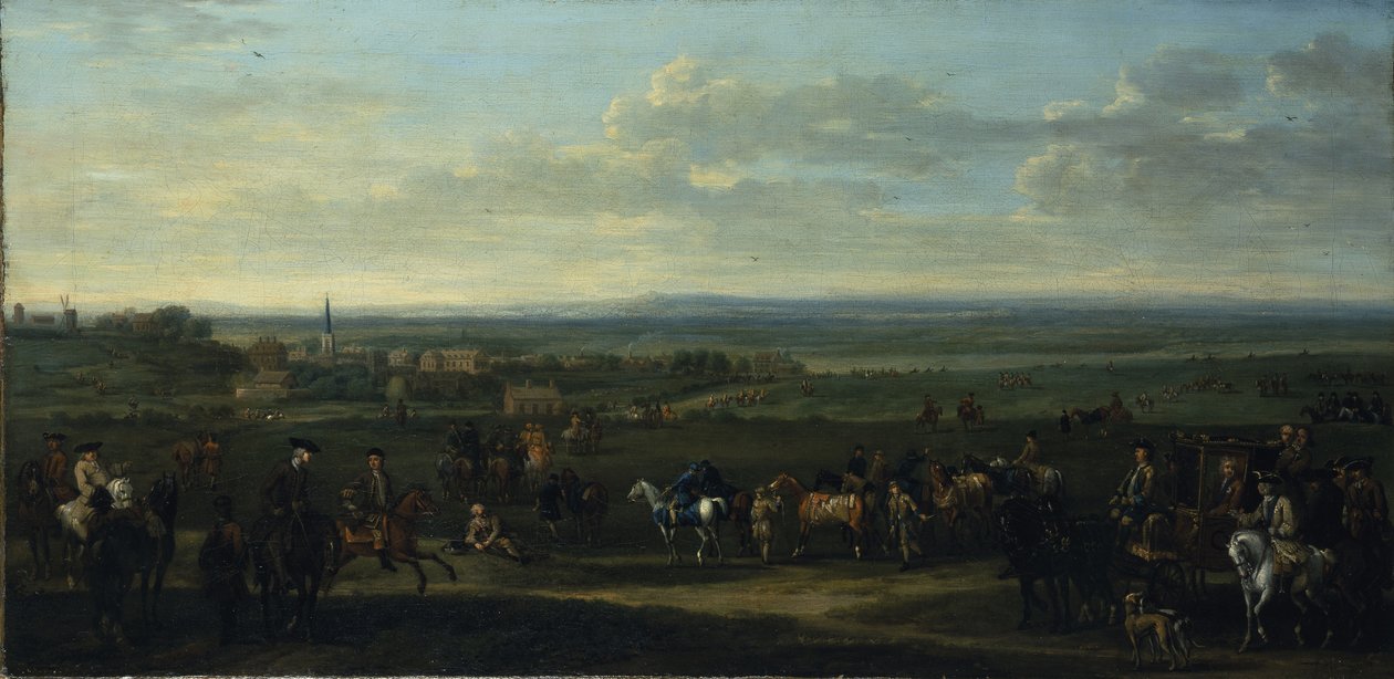 Veduta del vecchio Newmarket con figure e cavalli sull