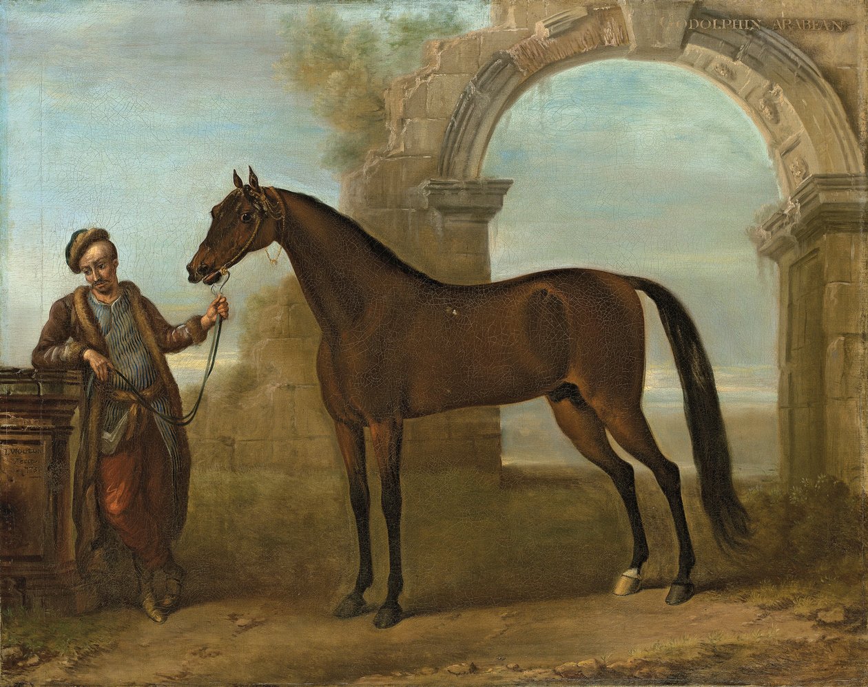 Il Godolphin Arabien, tenuto da un groom, in un paesaggio con un arco in rovina da John Wootton
