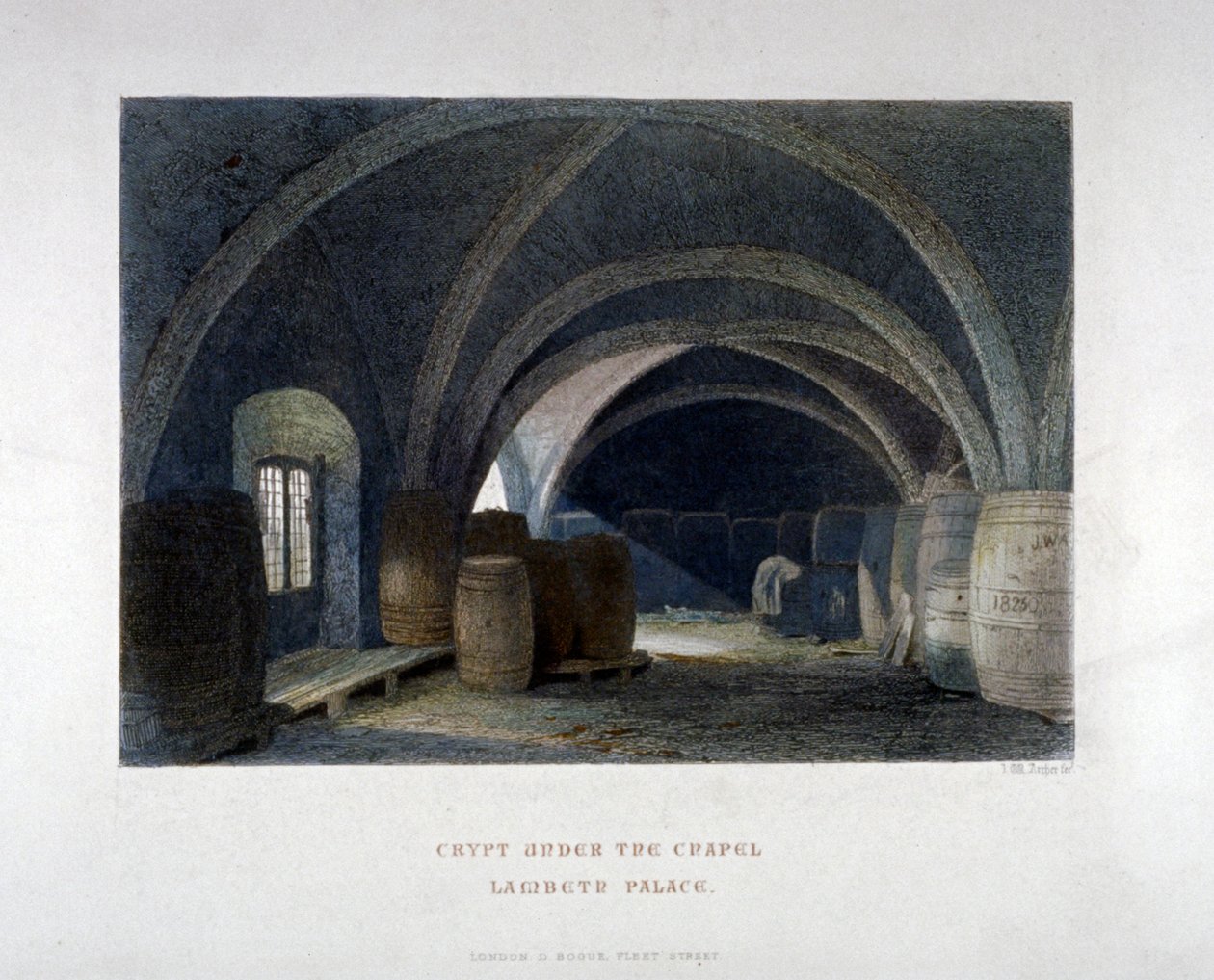 Cripta piena di barili sotto la cappella del Lambeth Palace, Londra, 1851 da John Wykeham Archer