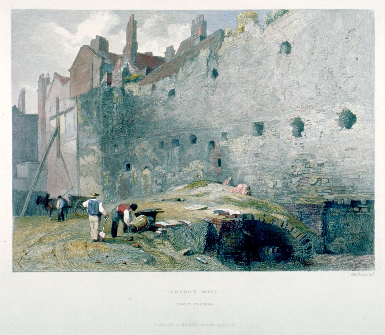 Vista di Tower Postern e London Wall con uomini che scavano, City of London da John Wykeham Archer
