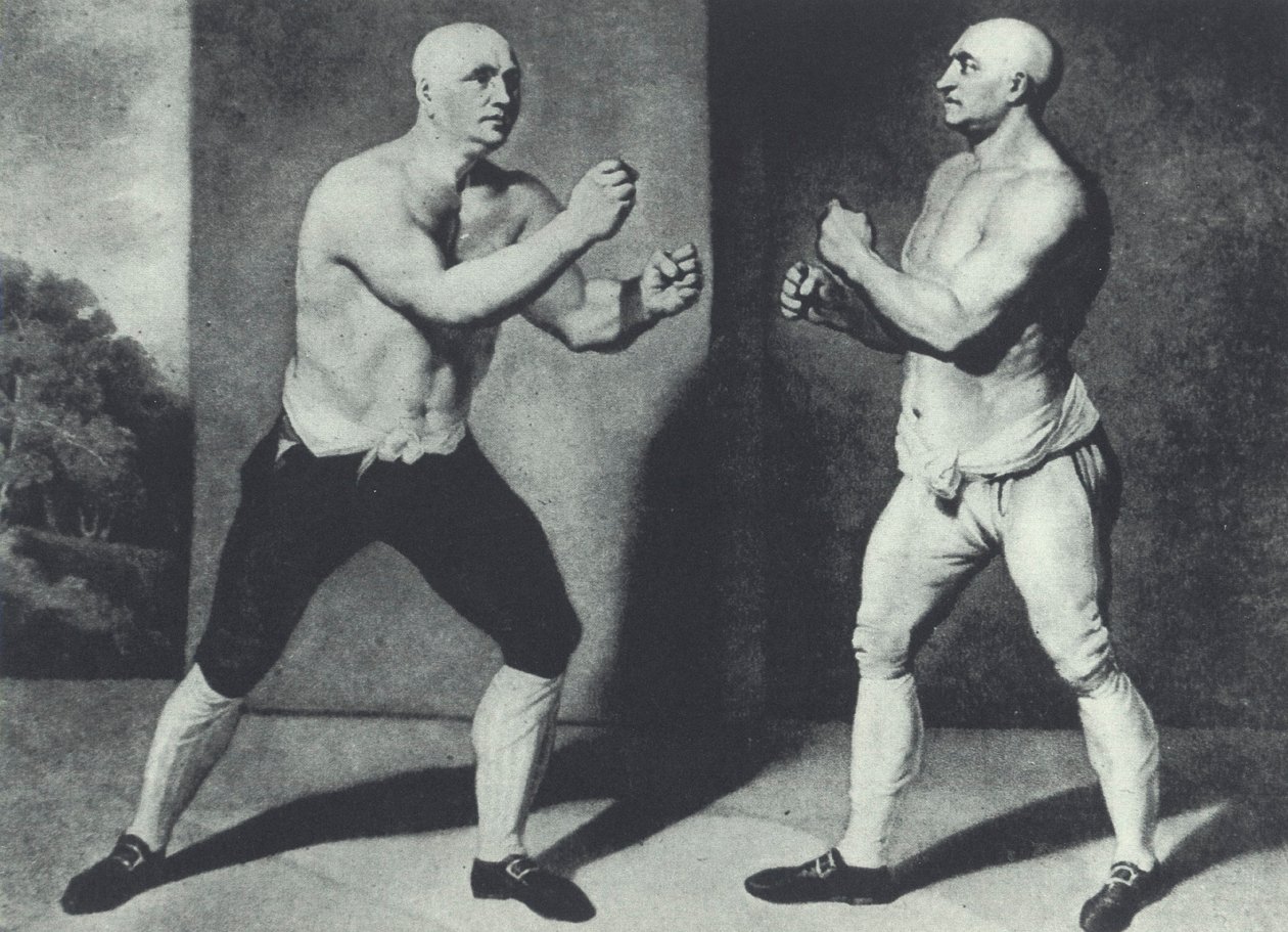 Primi pugili britannici a mani nude, John Broughton (sinistra) e George Stevenson combattono nel 1741: Broughton inventò il guantone da boxe da John Young