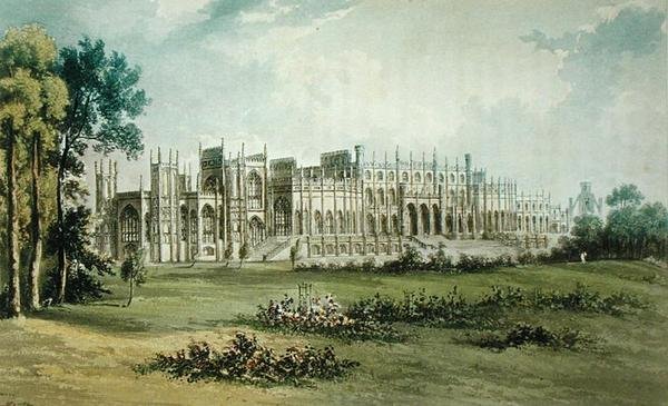 Eaton Hall, ovest del fronte del giardino, da Ackermanns Repository of Arts, pubblicato c.1826 da John after Gendall