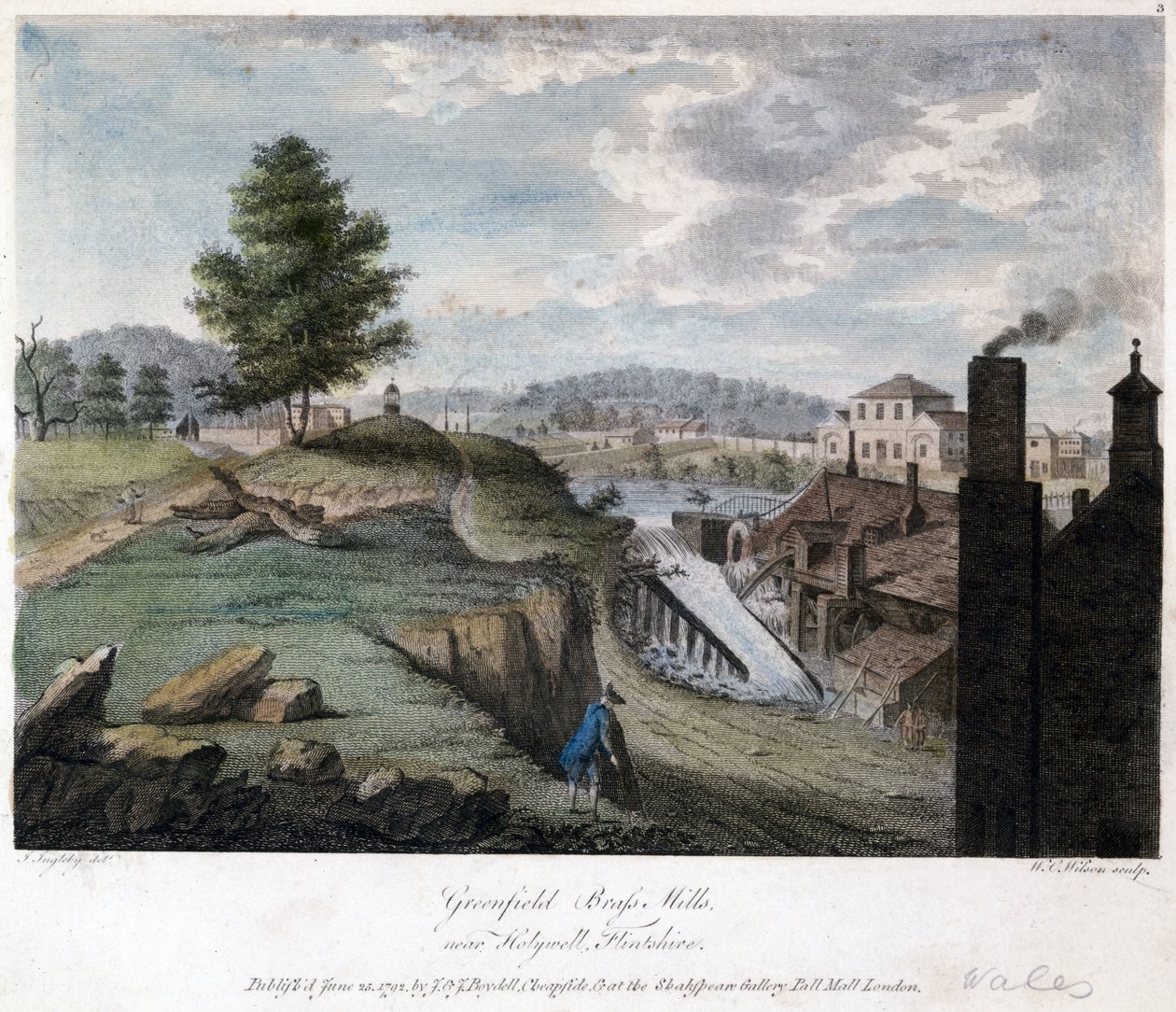 Mulini di ottone di Greenfield, vicino a Holywell, Flintshire, incisi da W.C. Wilson, c.1792 da John after Ingleby