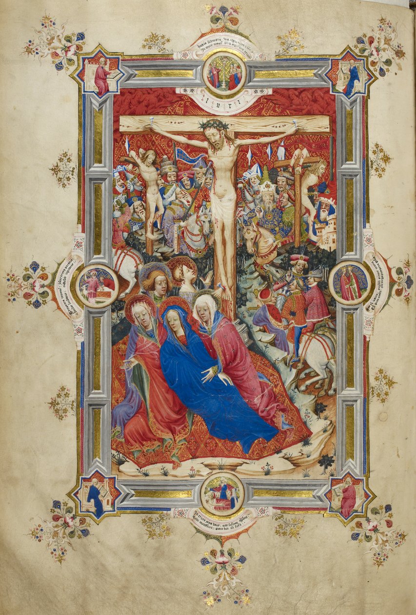 La crocifissione, introducendo il Canone della Messa. Cristo sulla croce, affiancato da ladroni, Vergine svenuta sostenuta da donne e San Giovanni, Maddalena ai piedi della croce. Folla di spettatori a cavallo in abiti contemporanei, incluso Longino, con a da John and Siferwas John (fl. 1380–1421 Whas