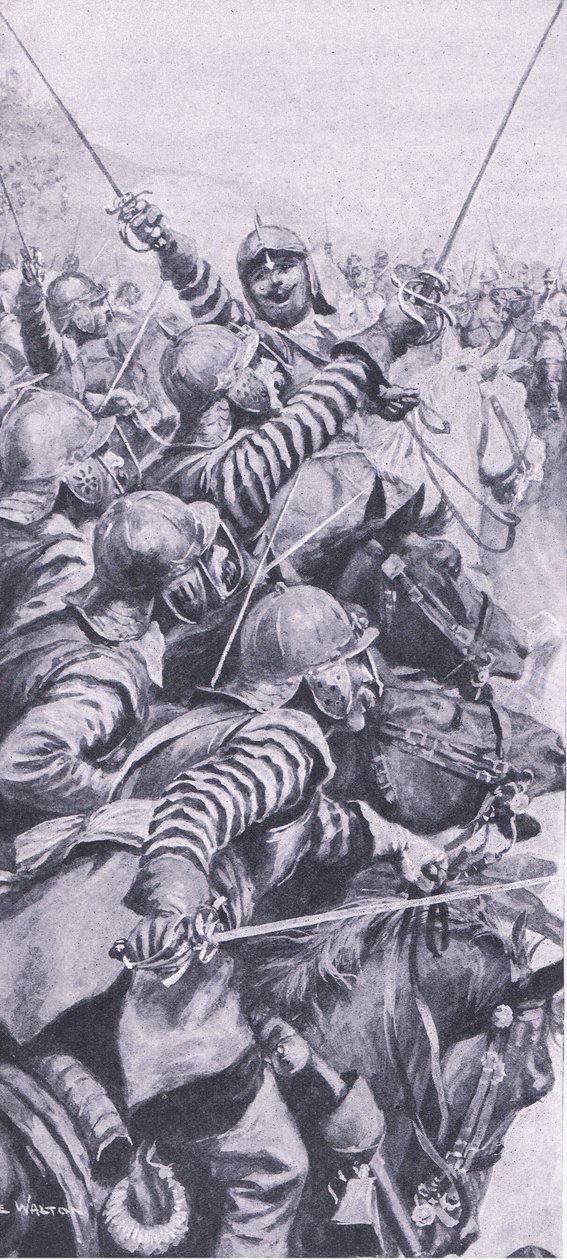Scontro di cavalleria alla battaglia di Edgehill, 23 ottobre 1642, illustrazione da British Battles on Land and Sea, 1915 da John de Walton