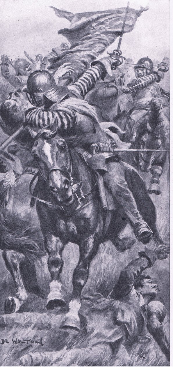 Il tenente John Smith riprende lo stendardo del re a Edgehill, 23 ottobre 1642, illustrazione da British Battles on Land and Sea, 1915 da John de Walton