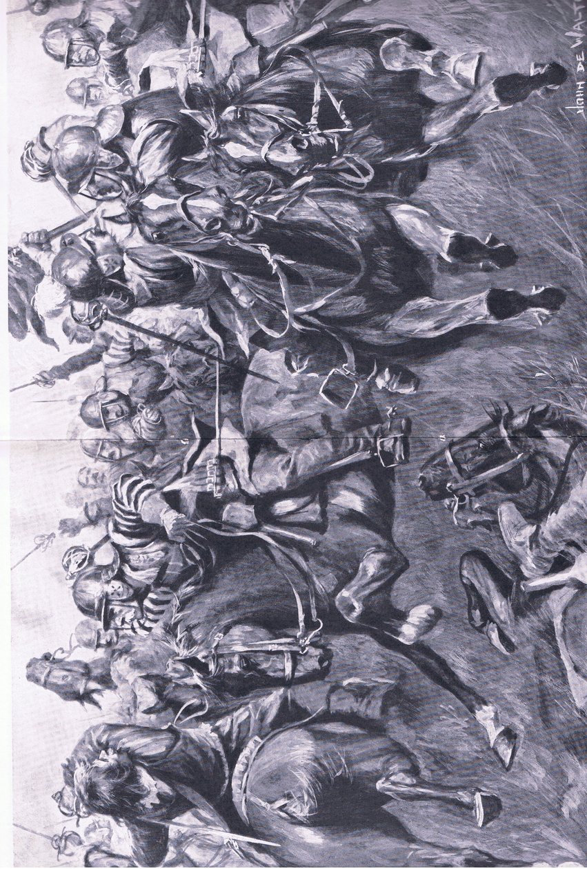Marston Moor, 2 luglio 1644: La cavalleria scozzese sotto Leslie attacca il fianco del principe Rupert, illustrazione da British Battles on Land and Sea, 1915 da John de Walton