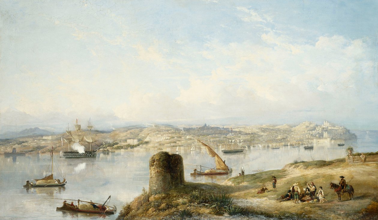 Una vista estesa di Lisbona sul fiume Tejo con la Praca do Terreiro do Paco, la vecchia cattedrale e il castello di S. Jorge da John or Giovanni Schranz