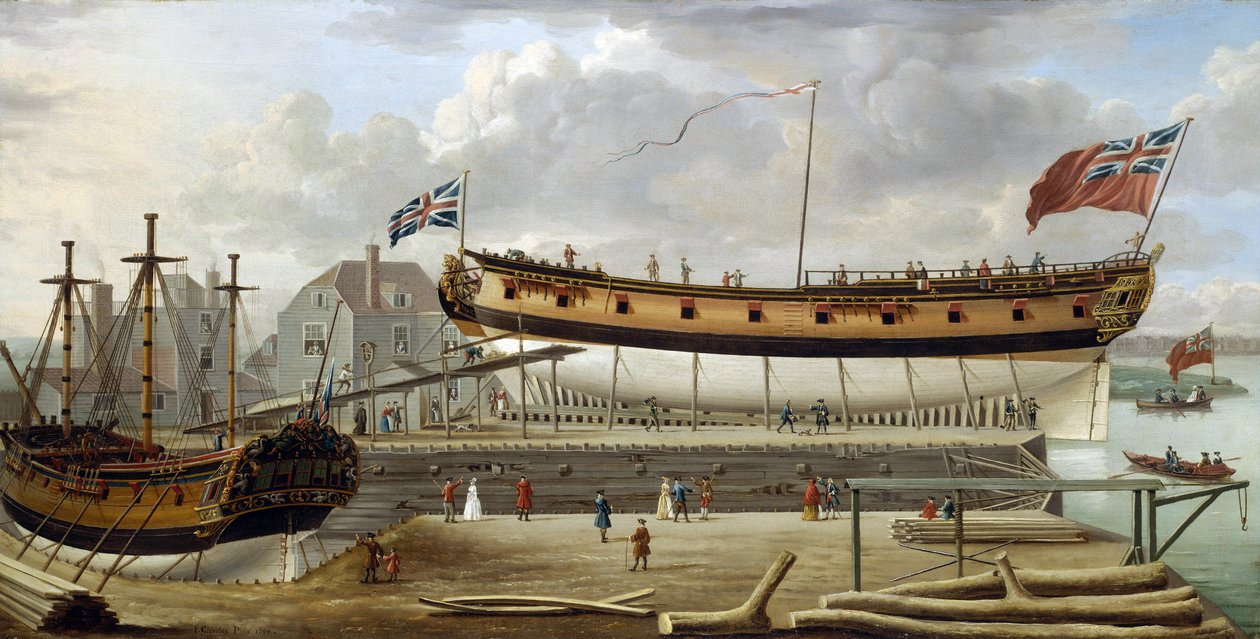 Una nave di sesta classe della Royal Navy britannica in bacino di carenaggio, probabilmente nel cantiere di Rotherhite da John the Elder Cleveley