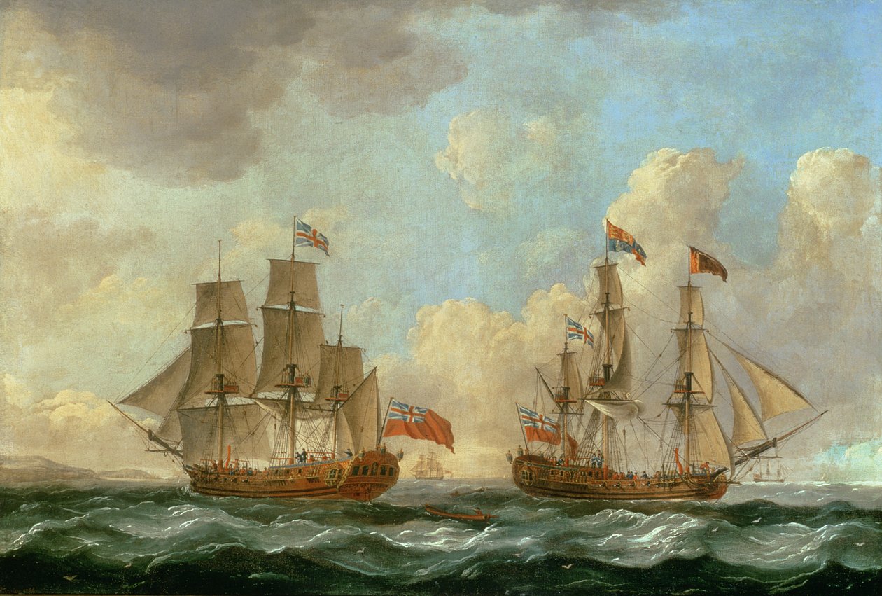 Il pellegrino in due posizioni al largo della costa, 1766 da John the Elder Cleveley
