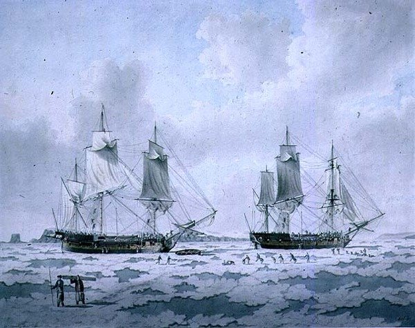 Le navi della spedizione di Lord Mulgrave incagliate nel ghiaccio nelle regioni polari da John the Younger Cleveley