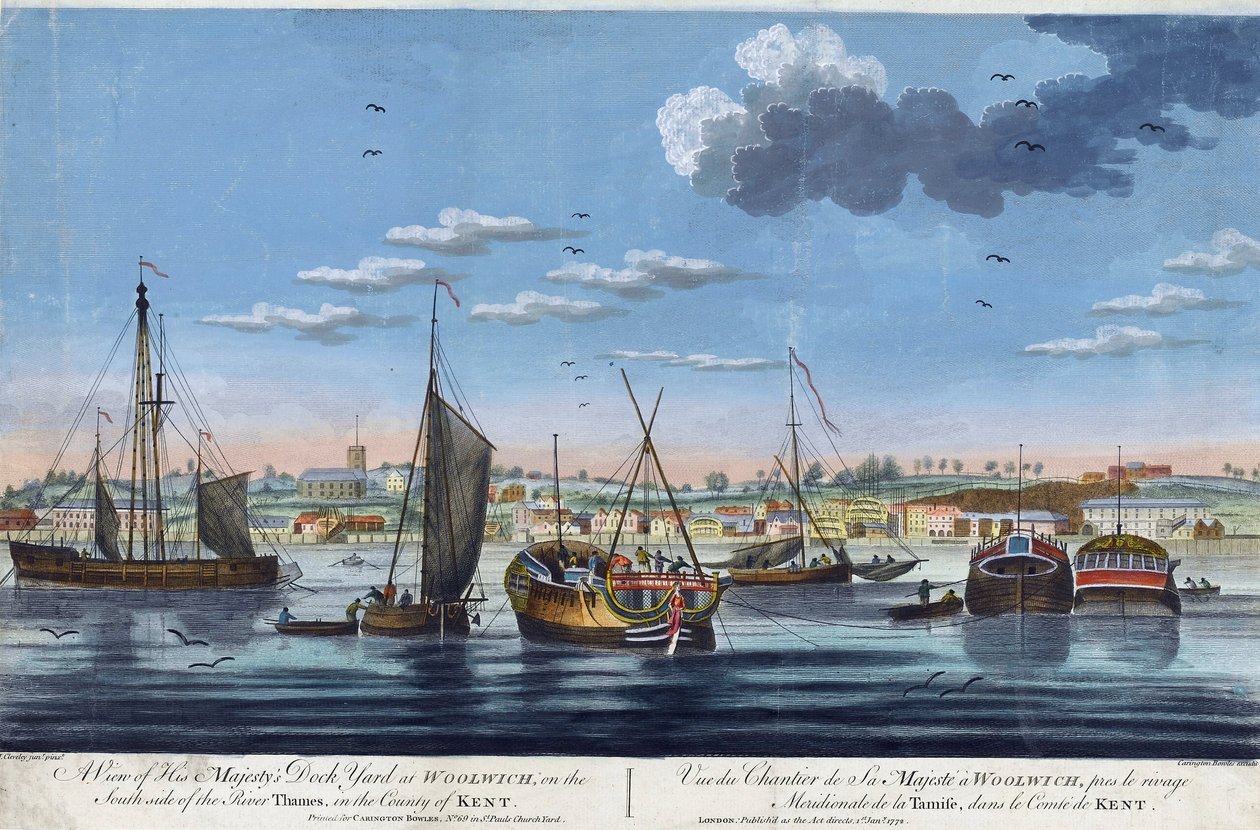 Veduta dei cantieri reali a Woolwich, sulla riva sinistra del Tamigi (Inghilterra), nella contea di Kent. Incisione a colori di John Clevely il Giovane da John the Younger Cleveley