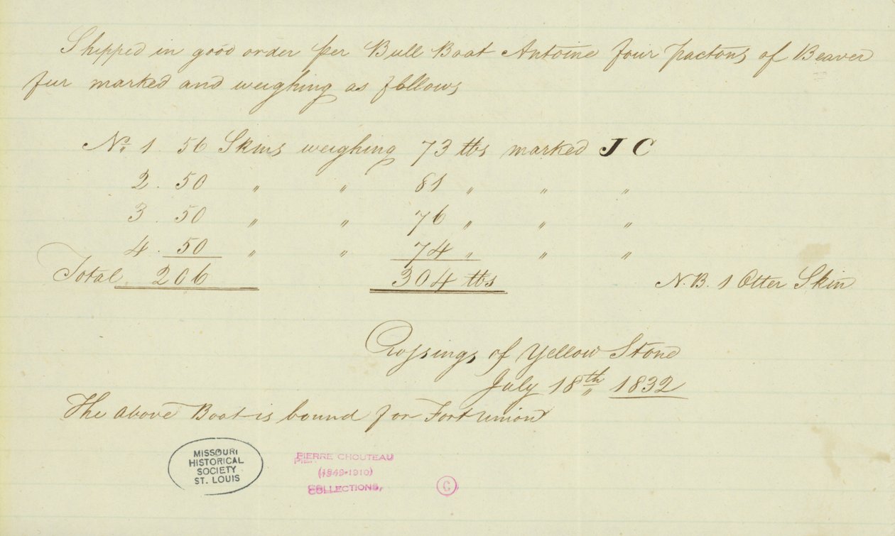 Nota di Johnson Gardner, Attraversamenti di Yellow Stone, 18 luglio 1832 da Johnson Gardner
