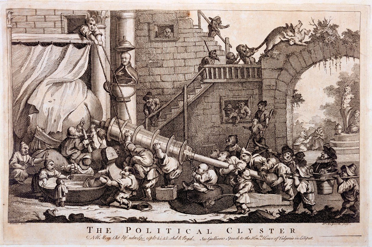Il clistere politico, stampa di William Hogarth, 1757 da Jonathan Swift