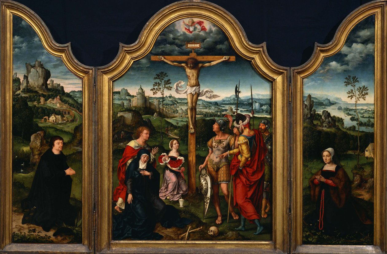 Trittico: La Crocifissione fiancheggiata dal donatore inginocchiato e sua moglie da Joos van Cleve