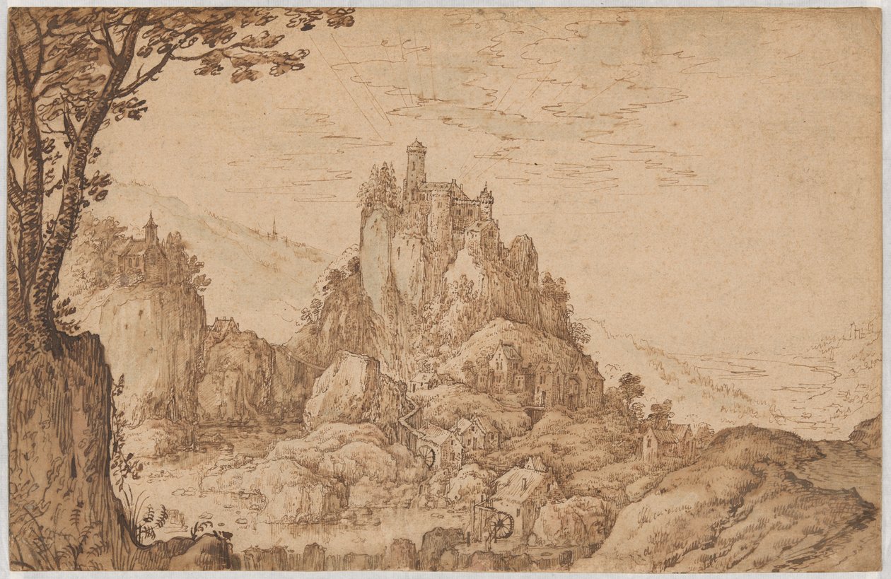 Un castello su una rupe in un paesaggio montuoso da Joos de Momper II