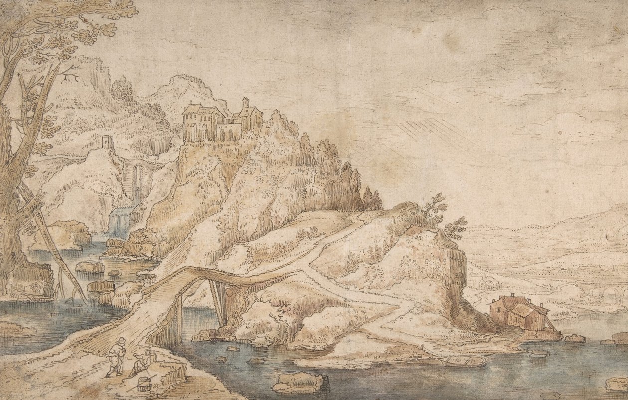 Paesaggio collinare con fiume, ponte e case con due figure a sinistra da Joos de Momper the Younger.