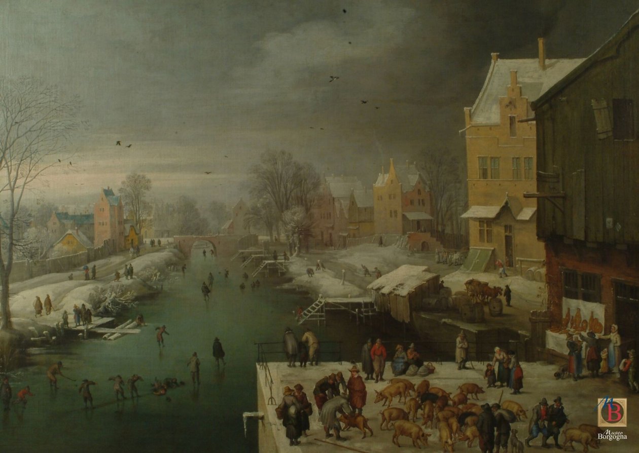 Paesaggio invernale con pattinatori e mercato dei maiali da Joos de Momper the younger