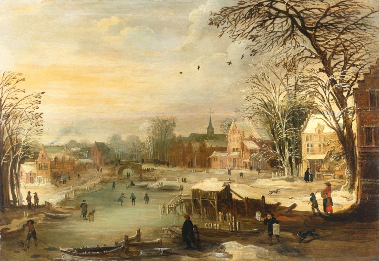 Paesaggio di un villaggio invernale vicino a un fiume ghiacciato da Joos de Momper the younger