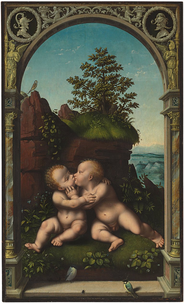 Il Bambino Gesù e San Giovanni Battista da bambini che si abbracciano in un paesaggio, circondati da un arco classico da Joos van Cleve
