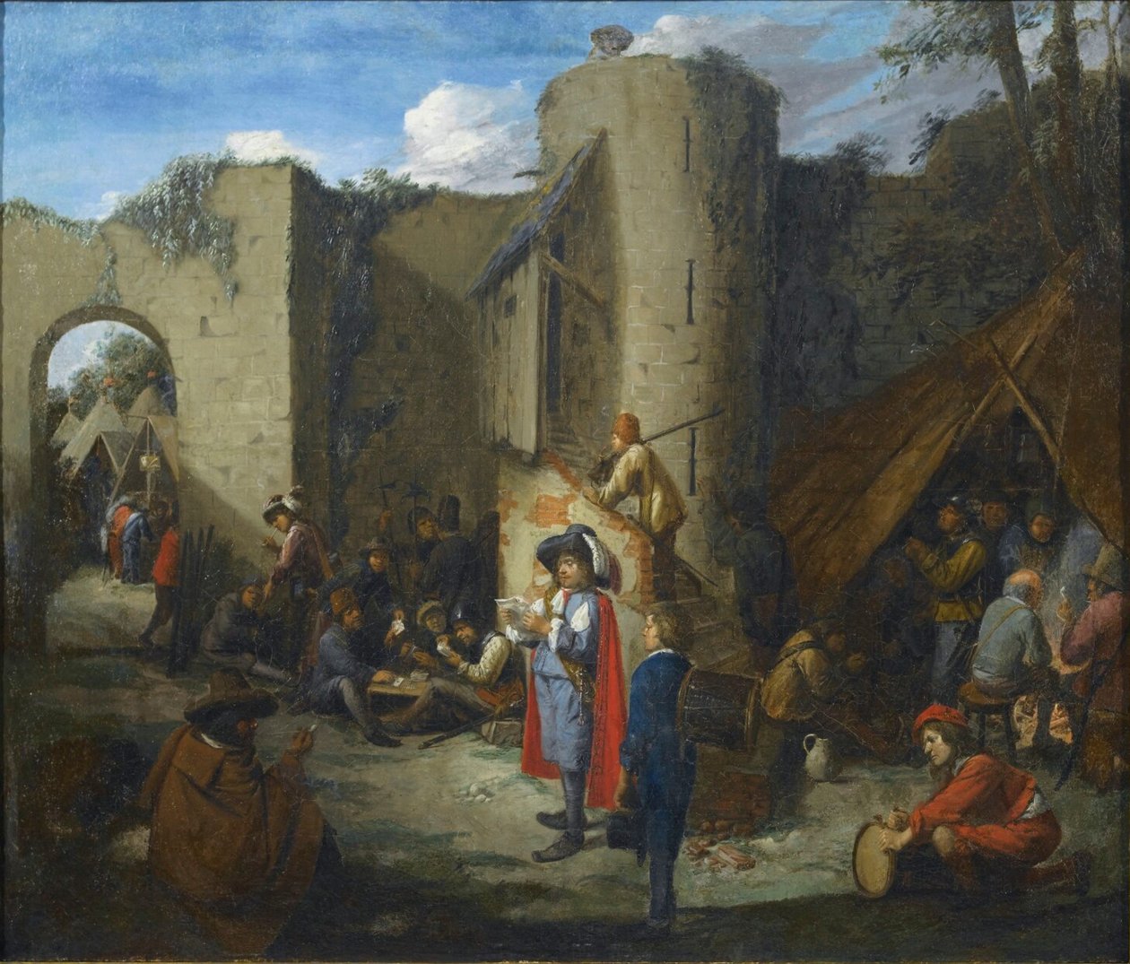 Un ufficiale che legge una lettera in un accampamento militare accanto alle mura di un castello da Joos van Craesbeeck