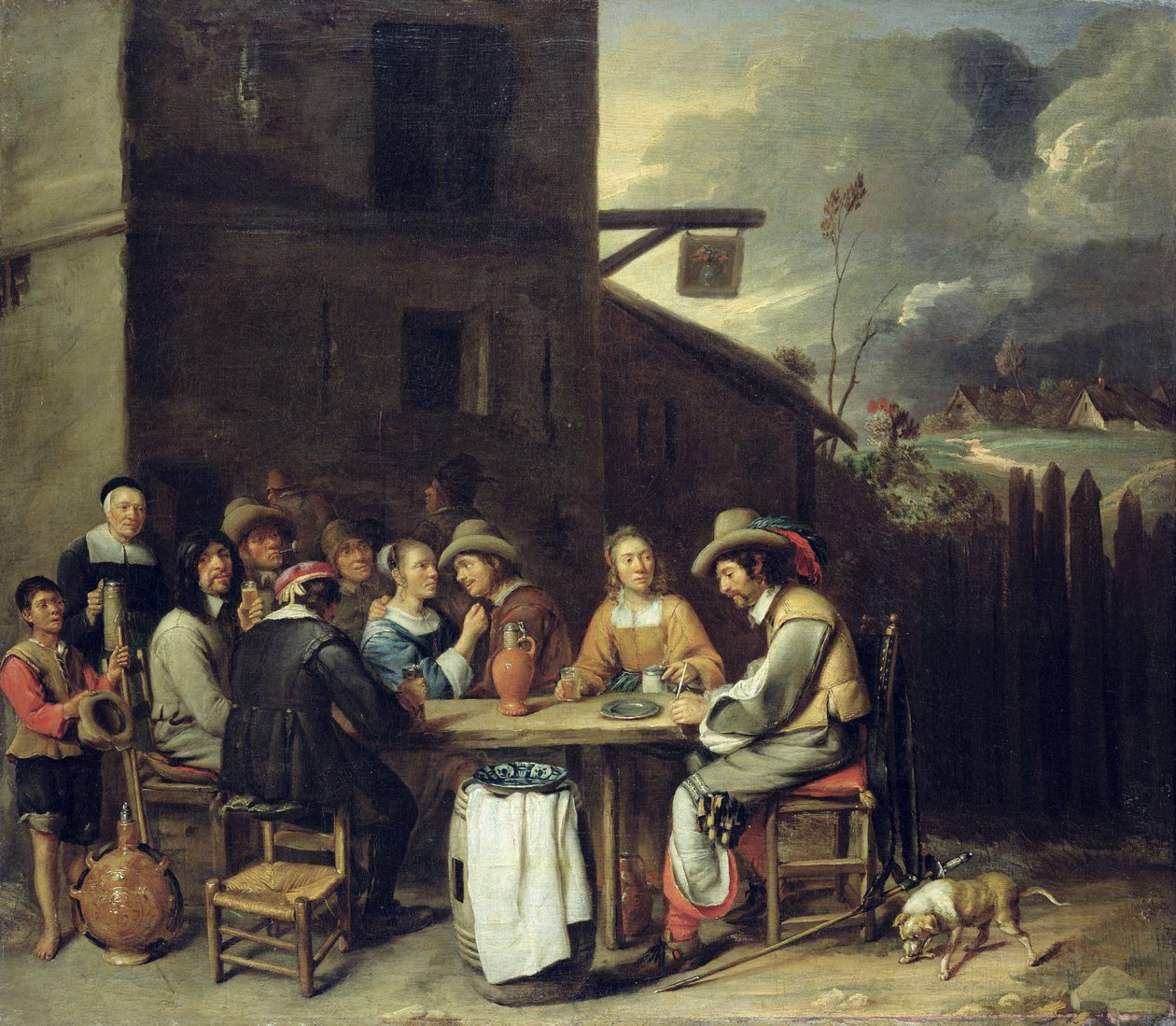 Compagni che festeggiano davanti a una taverna da Joos van Craesbeeck