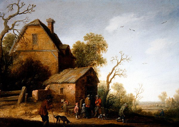 Paesaggio boscoso con figure e cani da Joost Cornelisz. Droochsloot