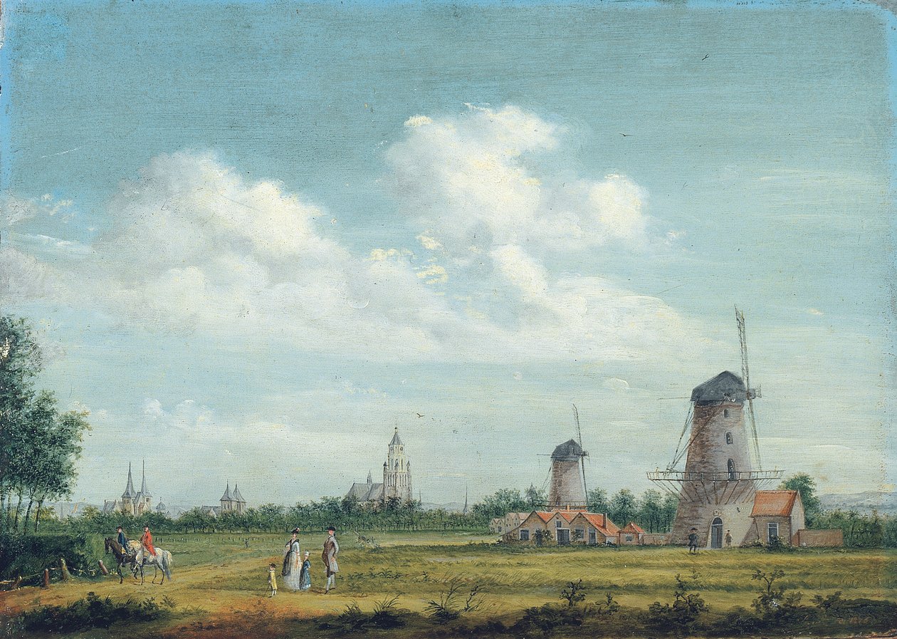 Veduta di Arnhem con la St. Walburgskerk a sinistra e la Grote Kerk a destra, eleganti cittadini che passeggiano nelle vicinanze, 1776 da Jordanus Hoorn