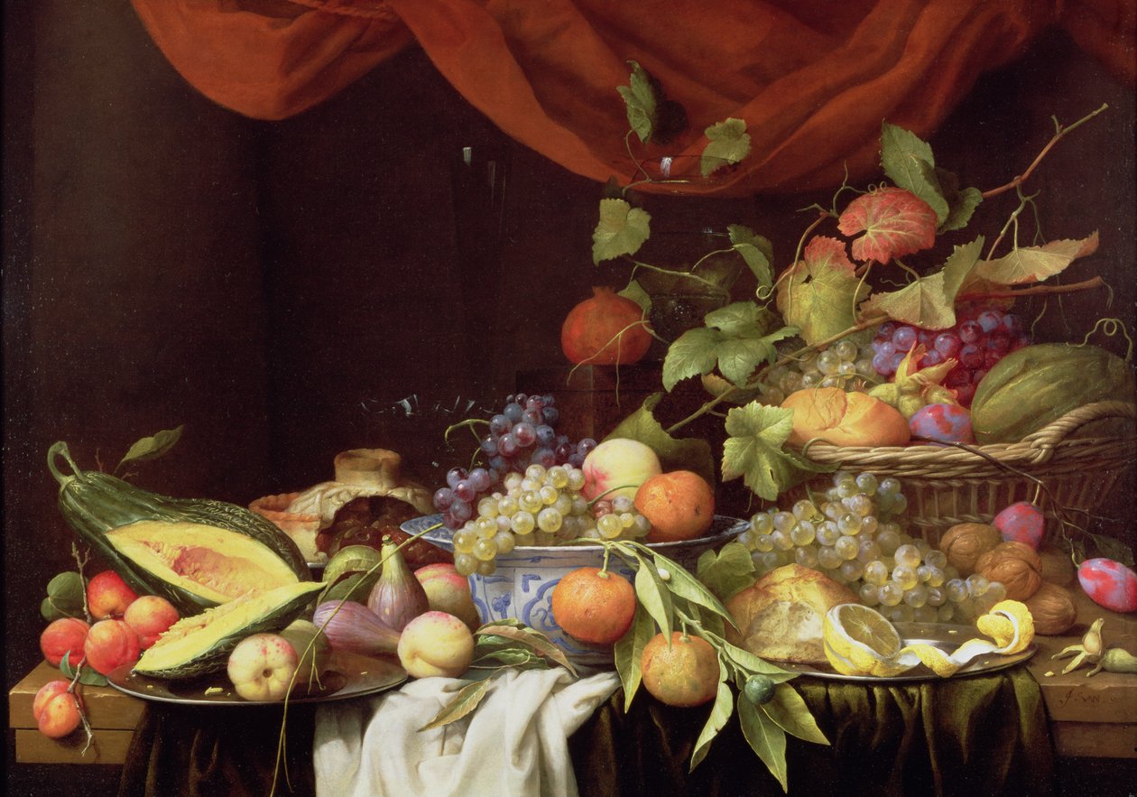 Natura morta di frutta su un bordo drappeggiato da Joris van Son