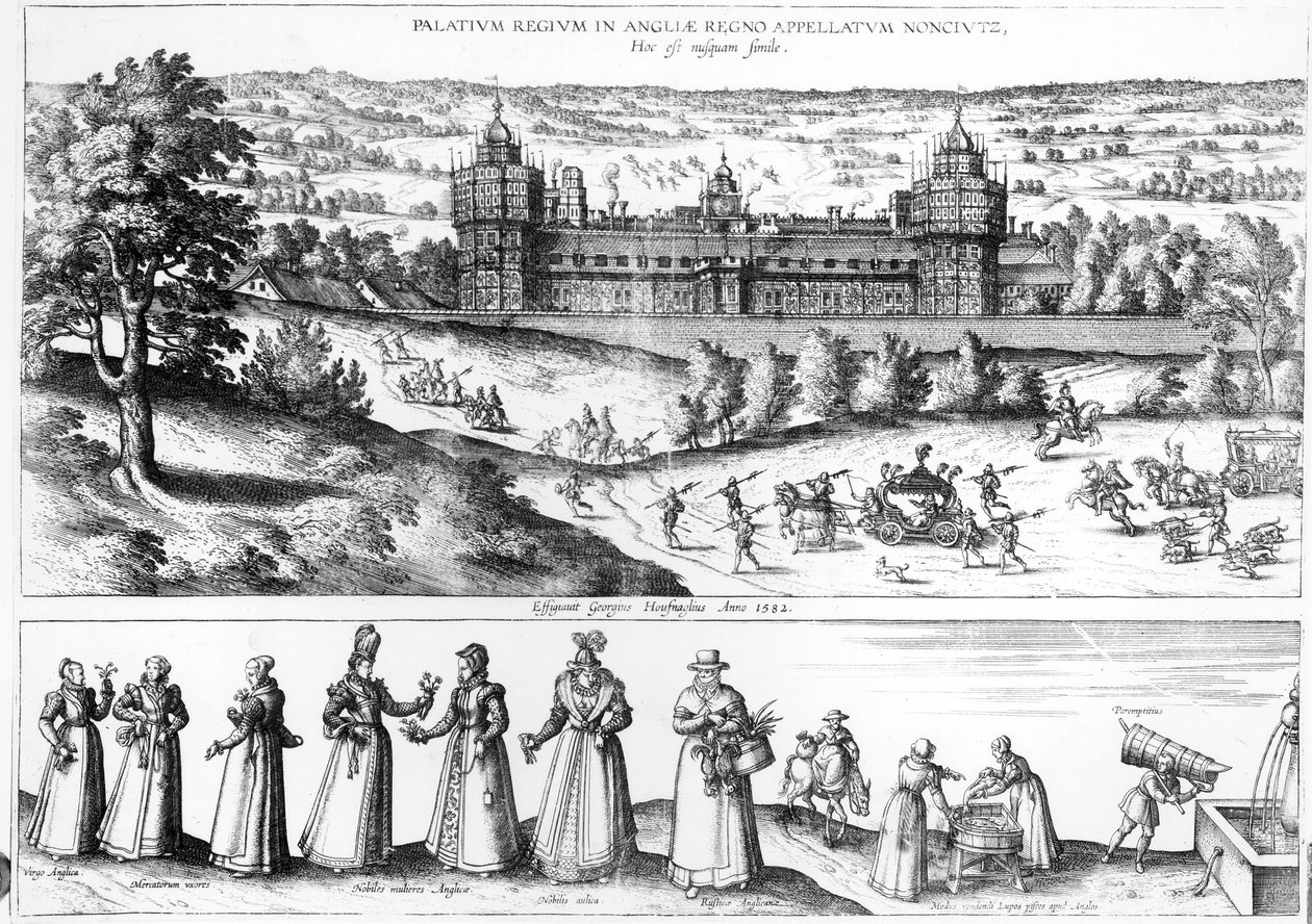Arrivo della regina Elisabetta I al palazzo di Nonesuch e uomini e donne della società Tudor, 1582 da Joris Hoefnagel