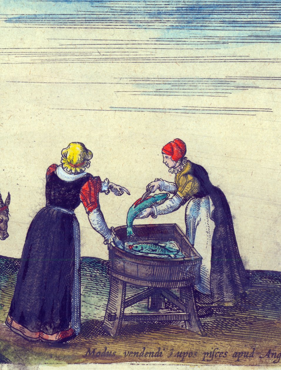 Pescivendole che vendono e puliscono lucci, 1598 (dettaglio) da Joris Hoefnagel