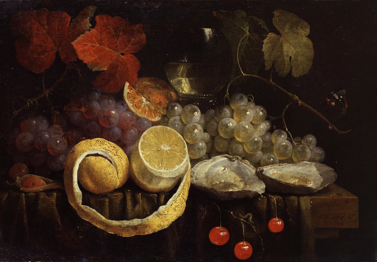 Natura morta di frutta e ostriche. Dipinto di Joris van Son (1623-1667) Collezione privata. da Joris van Son