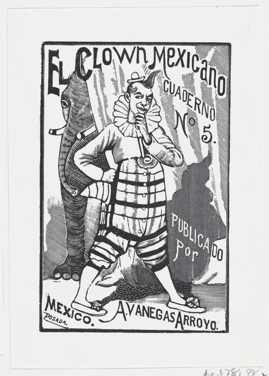 Un clown in piedi con una mano sul fianco e un elefante che sbircia da dietro da José Guadalupe Posada