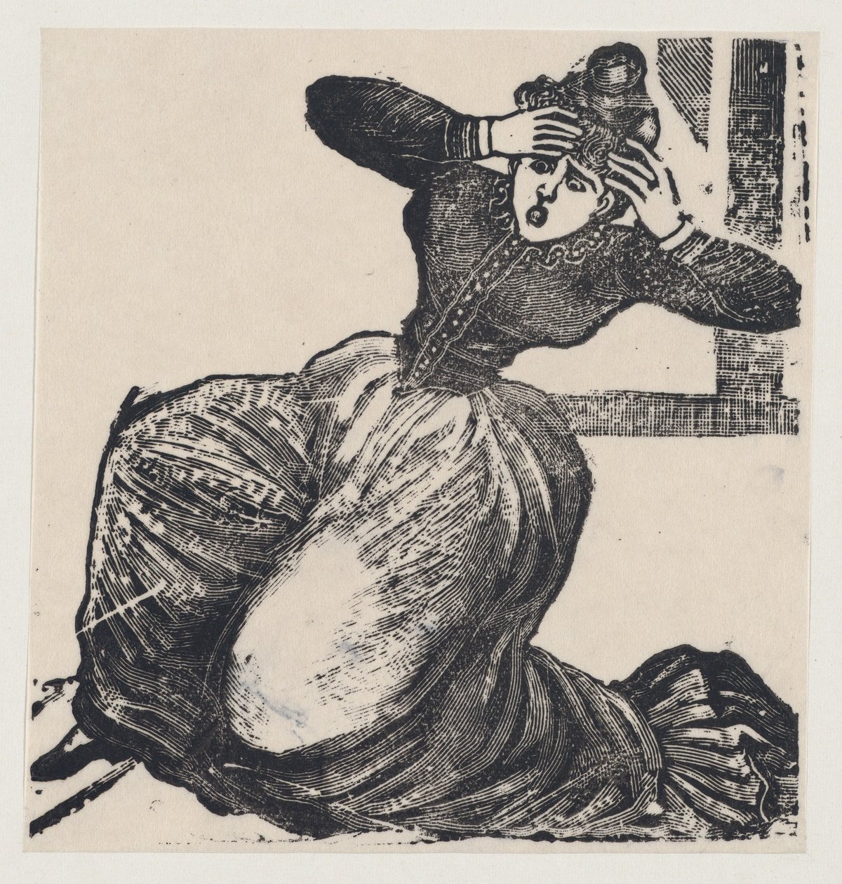 Una donna ansimante a terra con le mani alzate alla testa, da un foglio volante intitolato..., 1893 da José Guadalupe Posada