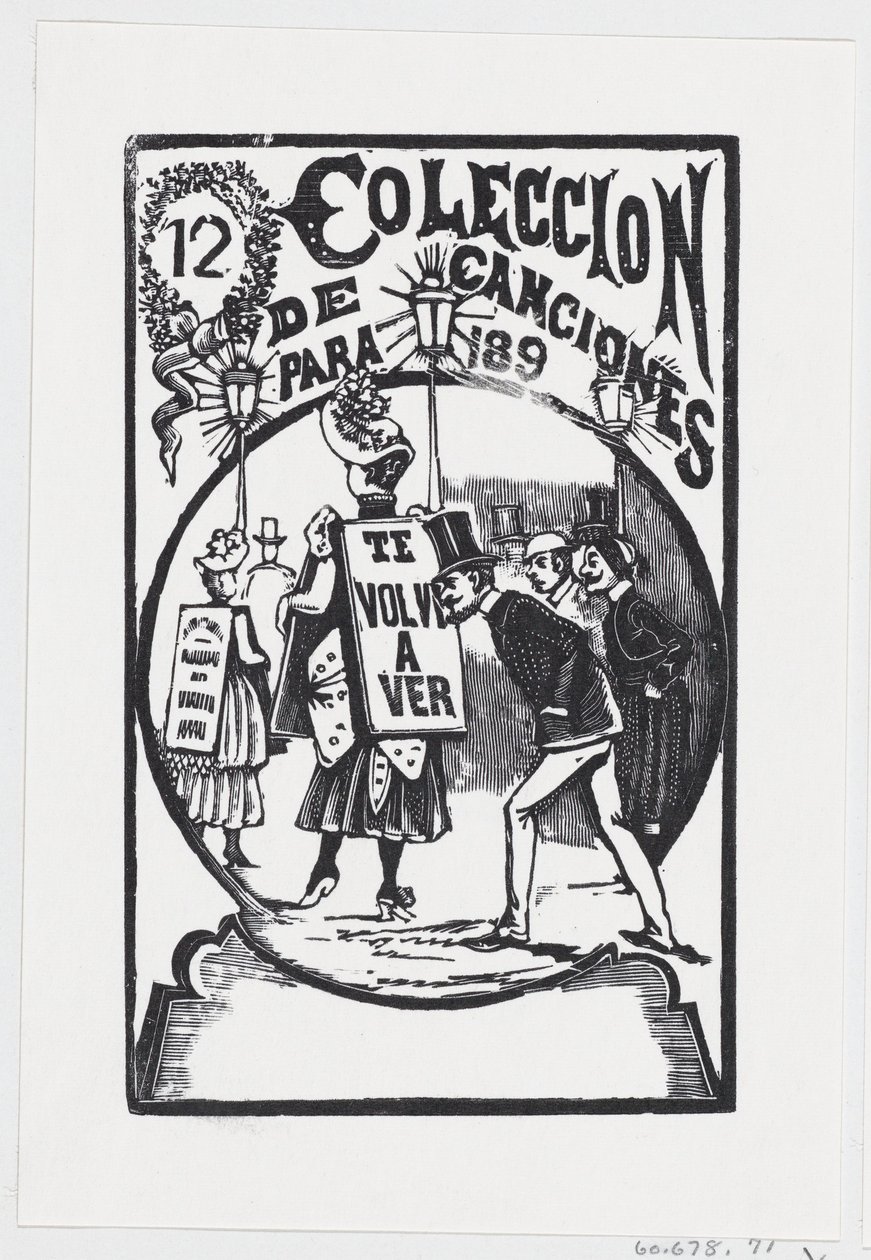Un uomo si china per guardare una donna con un cartello sulla schiena, illustrazione per, ca. 1890 da José Guadalupe Posada