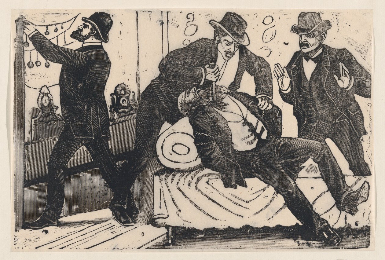 Un uomo che pugnala un altro uomo al petto mentre i suoi complici saccheggiano un negozio, ca. 1890-1891 da José Guadalupe Posada