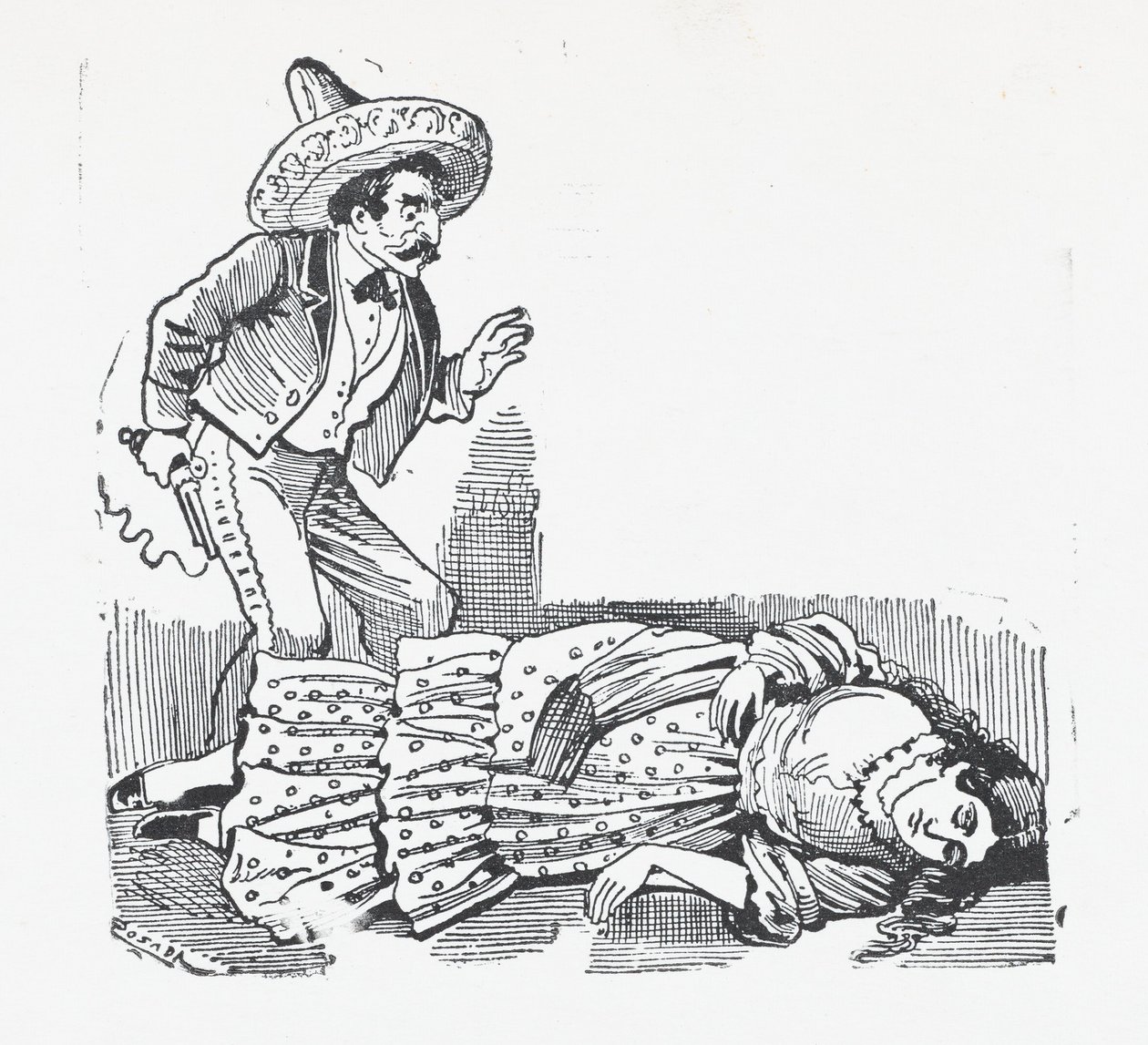 Un uomo con una pistola in piedi sopra una donna che ha appena sparato, ca. 1880-1910 da José Guadalupe Posada