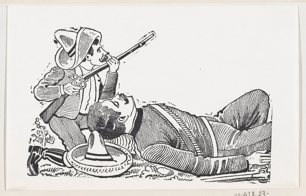 Un rivoluzionario che tiene un fucile e si inginocchia per proteggere un rivoluzionario caduto, c. 1880-1910 da José Guadalupe Posada