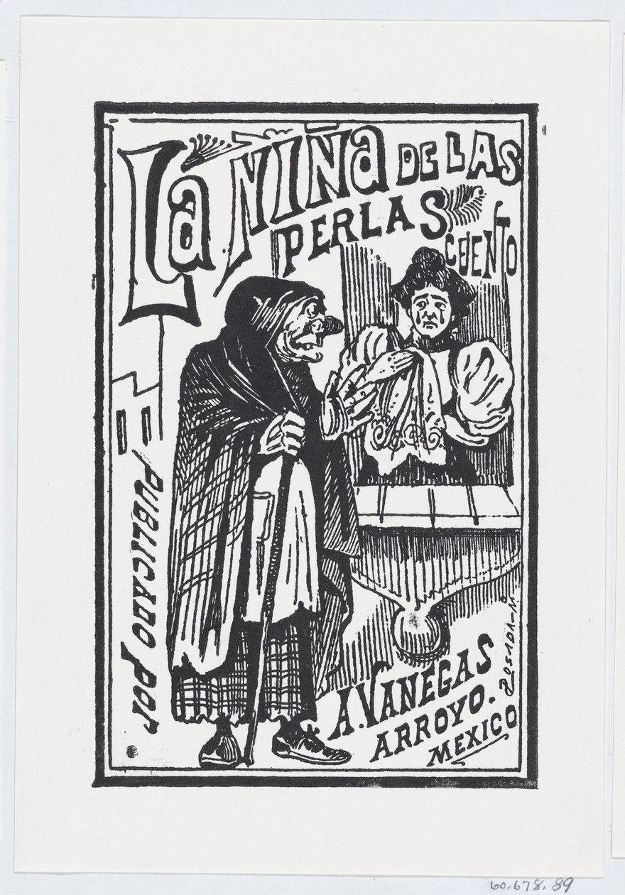 Una donna che piange con un fazzoletto in mano parlando con una vecchia strega, illustrazione da José Guadalupe Posada