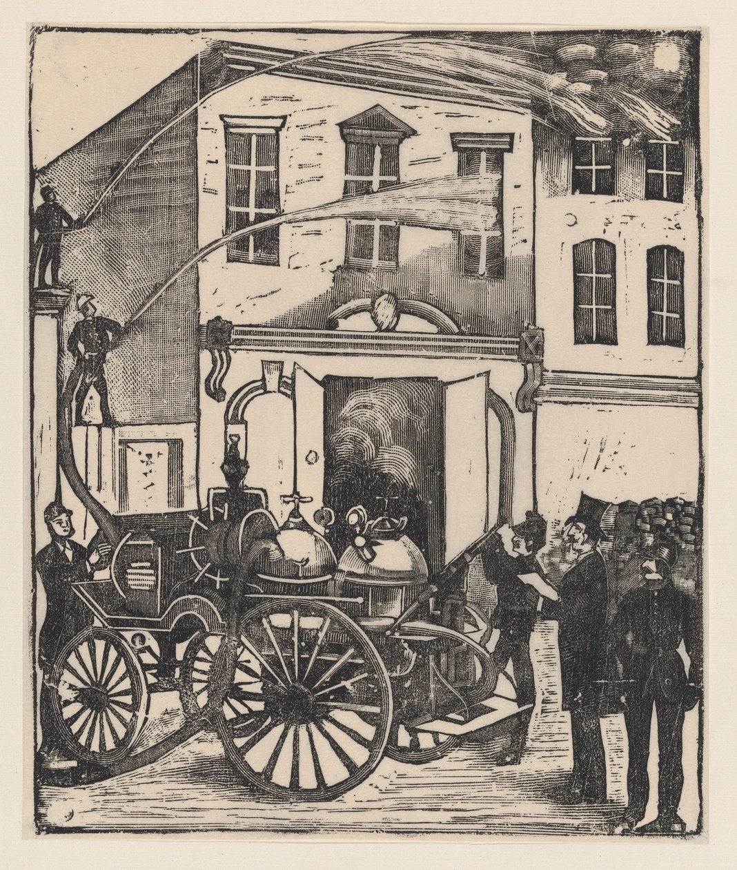 Vigili del fuoco che spengono un incendio in una casa, autopompa in primo piano, ca. 1880-1910 da José Guadalupe Posada
