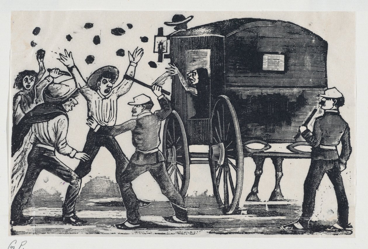 Uomini che combattono vicino a un cavallo e una carrozza da José Guadalupe Posada