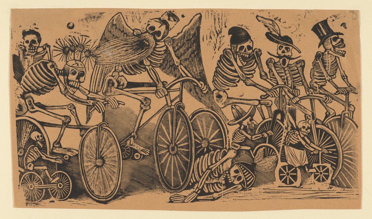 Scheletri calaveras che vanno in bicicletta, ca. 1900 da José Guadalupe Posada