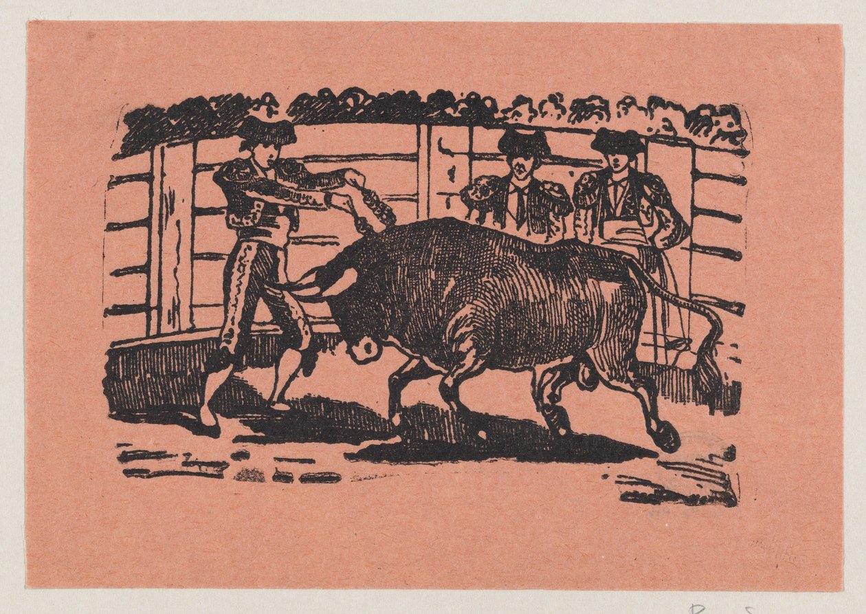 Ein Torero platziert Banderillas in die Schultern des Stiers, während zwei Männer hinter dem Stier stehen da José Guadalupe Posada