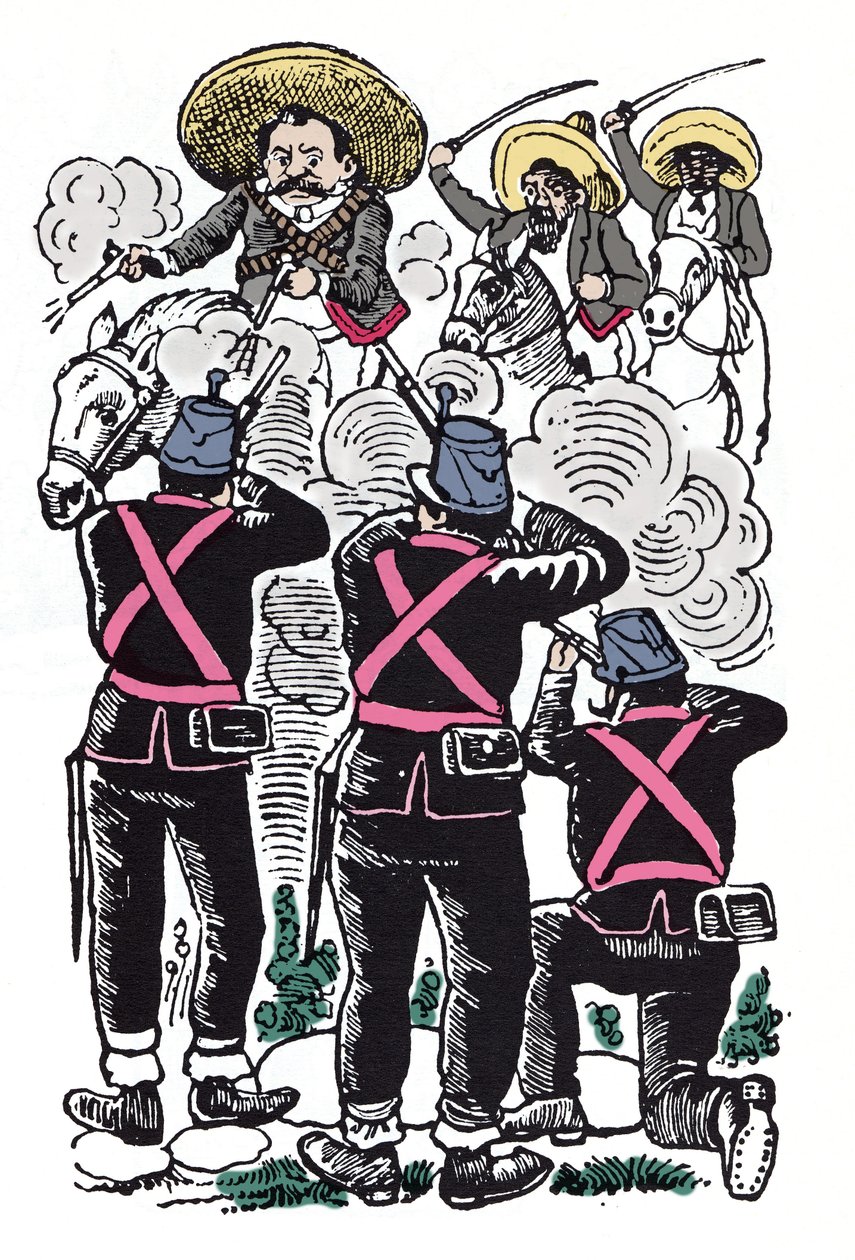 La Rivoluzione Messicana (1910-1920): la lotta dei federali contro le truppe rivoluzionarie di Emiliano Zapata (Emiliano Zapata Salazar noto come El Caudillo del Sur) da José Guadalupe Posada