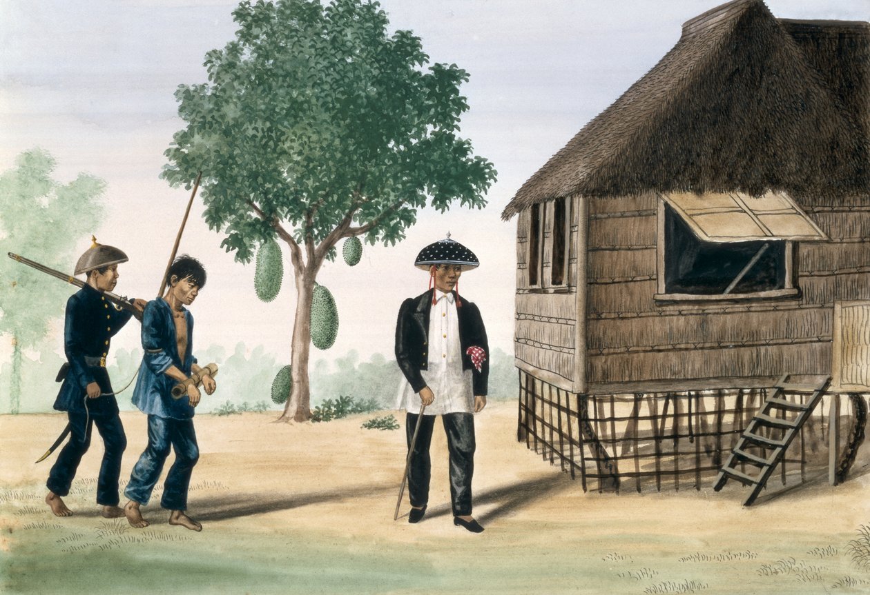 Un prigioniero condotto via da un poliziotto e un consigliere, da "The Flebus Album of Views In and Around Manila" da Jose Honorato Lozano