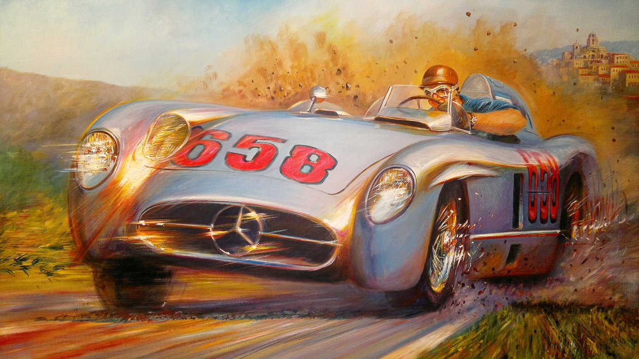 Nella Mille Miglia, Juan Manuel Fangio, Mercedes Benz 300 SL da Jose Maria Villafuerte