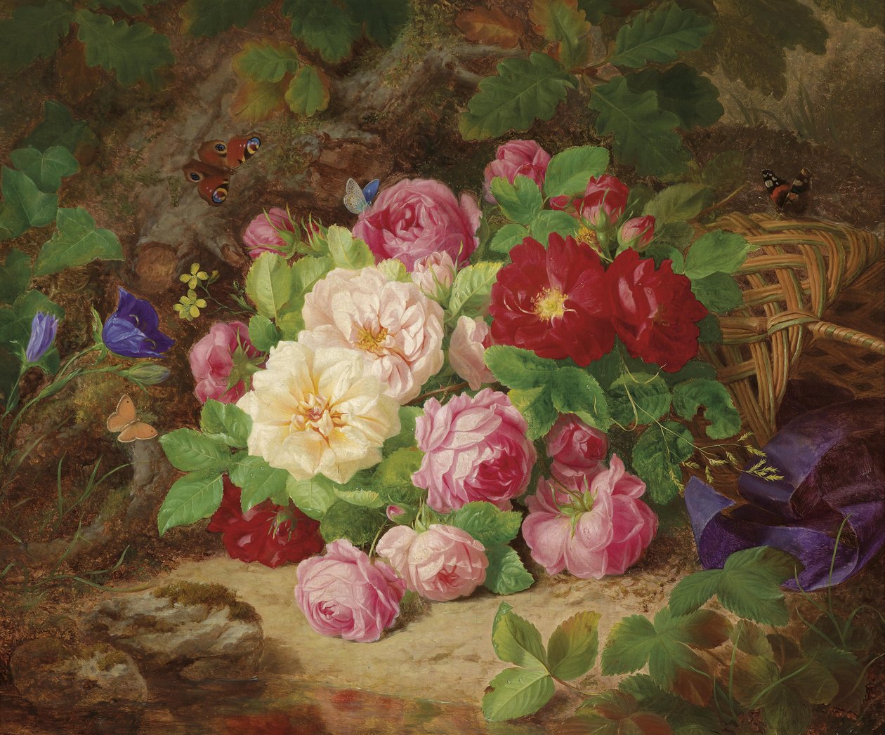 Rosa sul terreno del bosco con farfalle, cesto e nastro blu da Josef Lauer